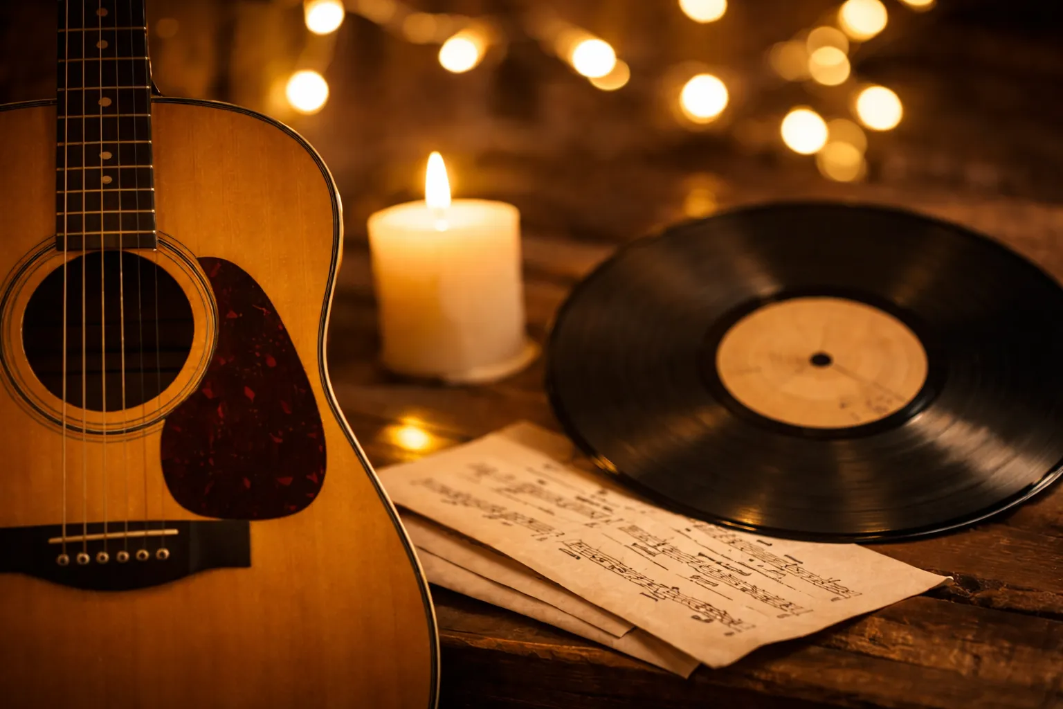 Acoustic guitar, vinyl record, sheet music, and lit candle on a rustic wooden table with blurred warm string lights in the background.